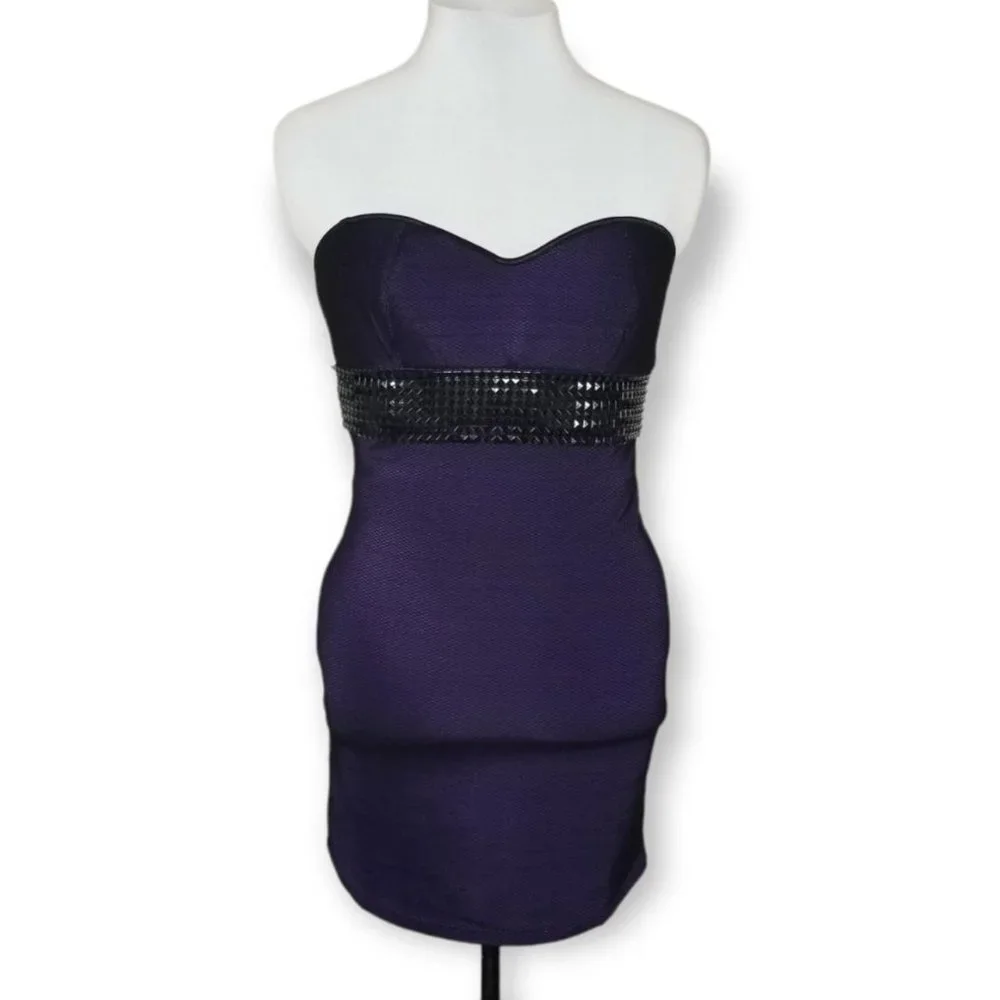 ⚡️Coquette Purple Body Con Fitted Mini Dress Fishnet Overlay Pyramid Stud Punk - Picture 6 of 8